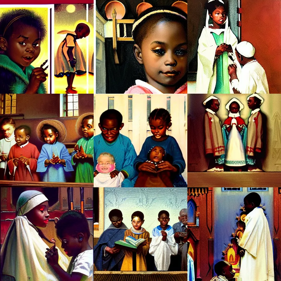 Prompt: black children in a church nativity play, painting by norman rockwell, trending on artstation, amazing details