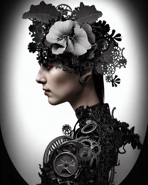 Image similar to monochrome profile portrait painting, silver lace floral steampunk biomechanical beautiful young female cyborg with techno eye, volumetric light, leaves foliage and stems, hibiscus flowers, sinuous fine roots, fine foliage lace, alexander mcqueen, rim light, big gothic fashion pearl embroidered collar, octane render, dutch masters, 8 k