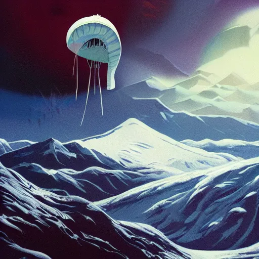 Prompt: a blimp in the sky above a snowy mountain, poster art by guillermo del toro, artstation, panfuturism, reimagined by industrial light and magic, official art, poster art - 9