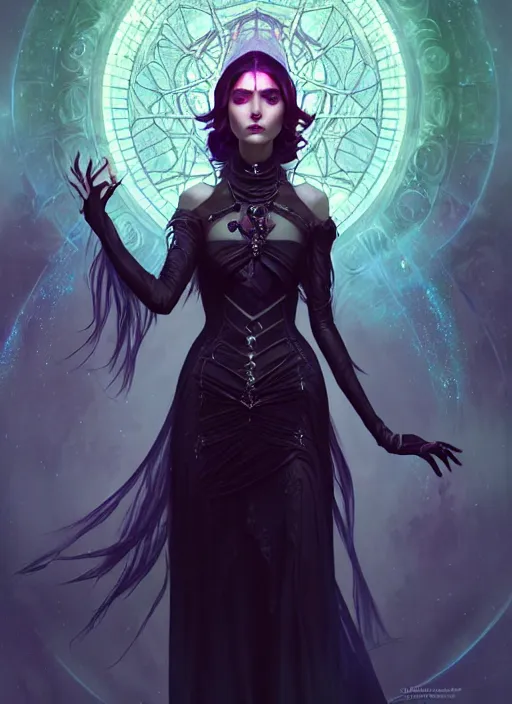 Image similar to a beautiful cinematic female Necromancer Sorceress, galatic shamen with Quantum energy fantasy, fantasy magic, undercut hairstyle, dark light night, intricate, elegant, sharp focus, illustration, highly detailed, digital painting, concept art, matte, art by WLOP and Artgerm and Greg Rutkowski and Alphonse Mucha, masterpiece