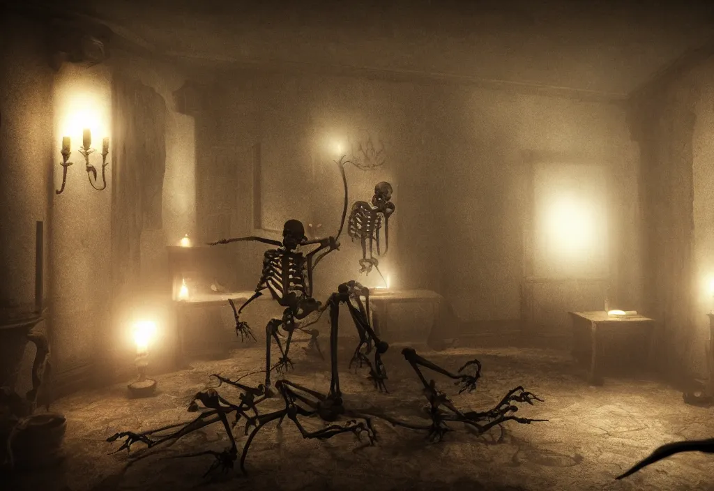 Image similar to eldritch skeleton ghosts in a room of a haunted house. realistic, cinematic lighting, octane tender, dark - art