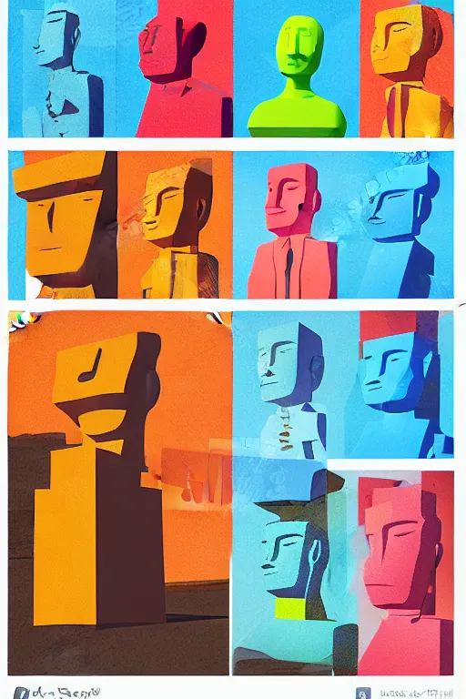 Image similar to cubist moai statue cutout digital illustration cartoon colorful beeple