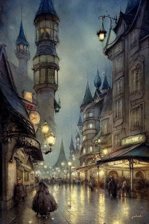 Prompt: (((((1950s fairy tale city at night . muted colors.))))) by Jean-Baptiste Monge !!!!!!!!!!!!!!!!!!!!!!!!!!!