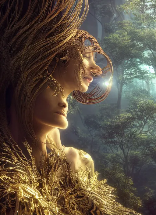 Image similar to beauteous sumptuous biomechanical incredible hair, crystalline masterpiece incrustations, hyperdetailed face, elegant pose, movie still, intricate, octane render, cinematic technology forest lighting, fractaltrees, cgsociety, unreal engine, crepuscular rays, god rays