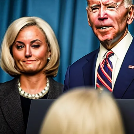 Prompt: photograph of Joe Biden and a gray alien wearing a blonde wig and a red dress, at a press conference