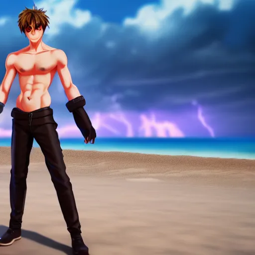 Image similar to Handsome Anime man on the beach, cinematic lightning, medium shot, mid-shot, highly detailed, trending on artstation, Unreal Engine 4k,