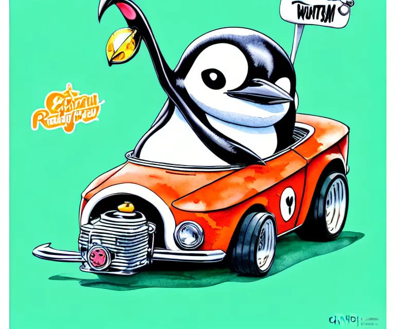 Prompt: cute and funny, penguin wearing a helmet riding in a tiny hot rod with an oversized engine, ratfink style by ed roth, centered award winning watercolor pen illustration, isometric illustration by chihiro iwasaki, edited by range murata, tiny details by artgerm and watercolor girl, symmetrically isometrically centered, sharply focused