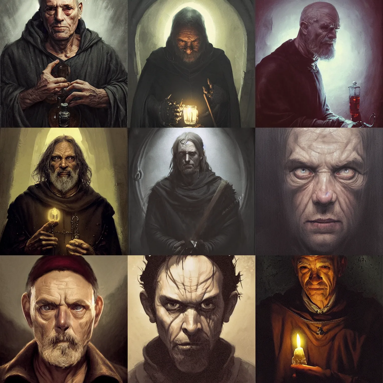 Prompt: portrait of an old, melancholic medieval alchemist in the dark, he is turned to the left, and looking into the camera maliciously, maliciously. chiaroscuro lighting, fantasy, detailed, photorealistic portrait by michael komarck, greg rutkowski, victo ngai, artgerm and j. dickenson