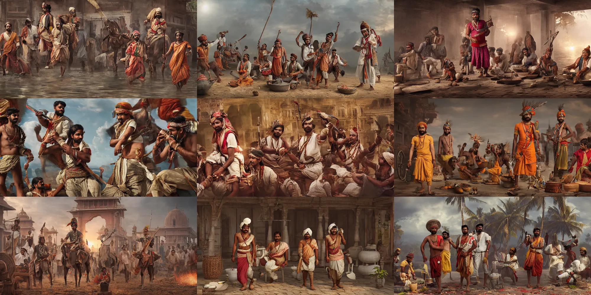 Prompt: editorial photographs of east india company capturing natives of kerala, octane render, dslr, canon 2 4 mm, hyper realism, award winning masterpiece with incredible details, cinematic lighting, ray tracing, micro details, 8 k