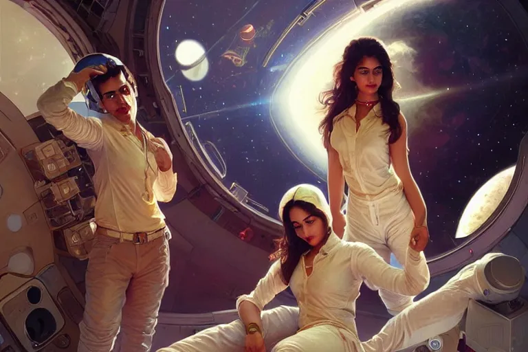 Image similar to Sensuous good looking pale young Indian doctors wearing jeans in a space station above Earth, portrait, elegant, intricate, digital painting, artstation, concept art, smooth, sharp focus, illustration, art by artgerm and greg rutkowski and alphonse mucha