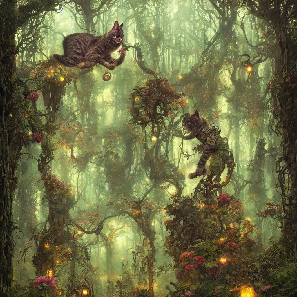 Image similar to a grinning trippy cat, center focused, matte painting, lush fairy forest, neon, concept art, schematics, gnarly details painted by tom bagshaw, norman rockwell, mucha, james gurney, high detail, denoised, sharp, architectural