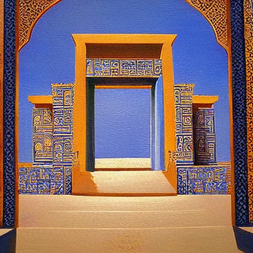 Prompt: the ishtar gate in babylon in its heyday, beautiful high detail realistic oil painting