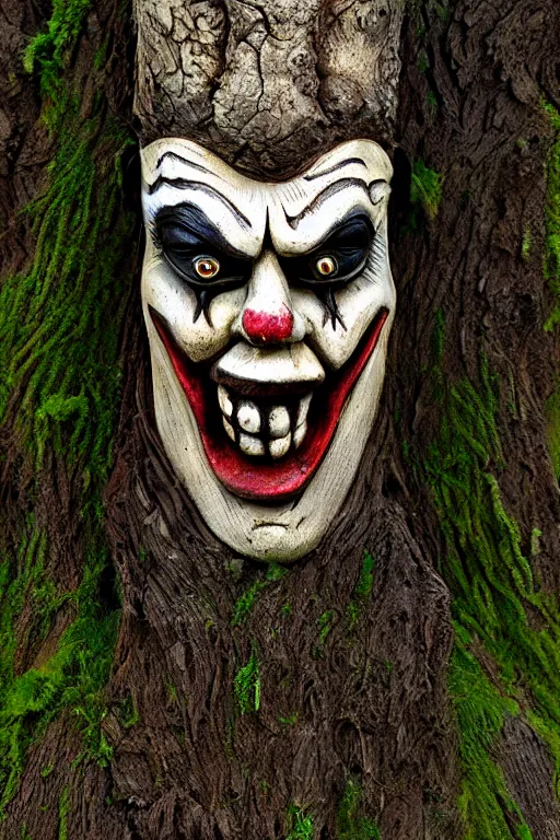 Image similar to terror clownvamp totem made in carved mossy wood, realistic and ultra detailed, texturized, indirect volummetric light, mask effect layer, sharpen and antialiased