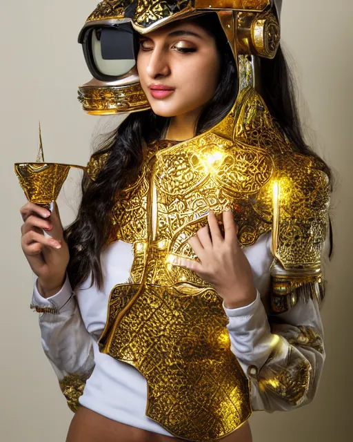 Prompt: centered medium shot fine studio photograph of a beautiful persian girl wearing a persian solarpunk electronic helmet with led lights decorated with golden ornaments, chest with mechanical parts, ultra-realistic, white background, 8k HDR dusk light, intricate detail
