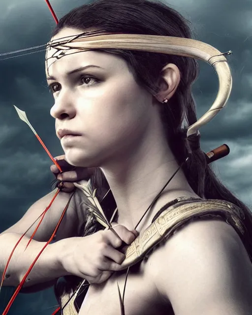 Image similar to very very realistic, photo of world, full body, women with a bow and arrow, female archer, warrior, realistic face