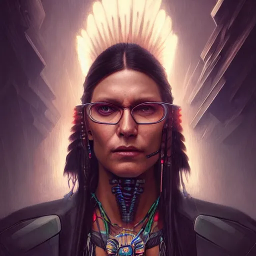 Prompt: portrait painting of a cyberpunk corporate boss native american, ultra realistic, concept art, intricate details, eerie, highly detailed, photorealistic, octane render, 8 k, unreal engine. art by artgerm and greg rutkowski and charlie bowater and magali villeneuve and alphonse mucha