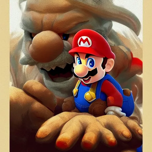 Image similar to super mario and old man bowser, highly detailed, digital painting, artstation, illustration, art by artgerm and greg rutkowski and alphonse mucha