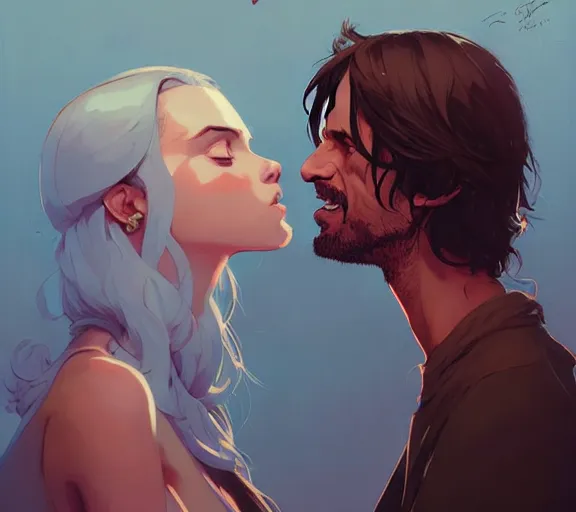 Image similar to portrait of aragorn kissing arven by atey ghailan, by greg rutkowski, by greg tocchini, by james gilleard, by joe fenton, by kaethe butcher, dynamic lighting, gradient light blue, brown, blonde cream and white color scheme, grunge aesthetic