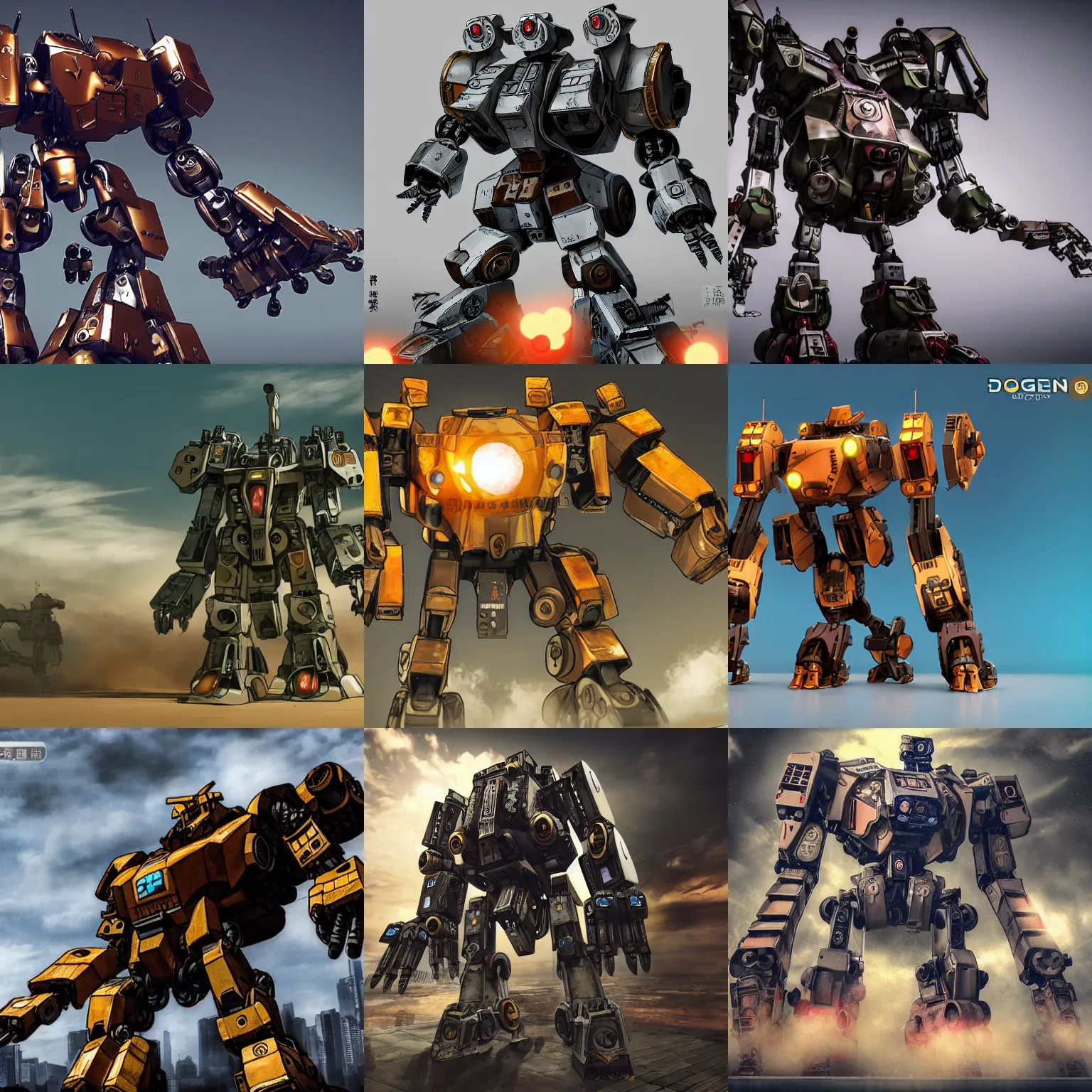 Prompt: dogecoin as a japanese fighting mech, large imposing robotic mech, huge, overbearing, extreme detail, industrial, tarnished, volumetric lighting, spot lights, smoke effects, post processing, after effects, video effects, cinematic