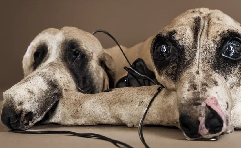 Prompt: wounded laying dog robot, sad eyes, photography, wires, circuit, electricity, realistic