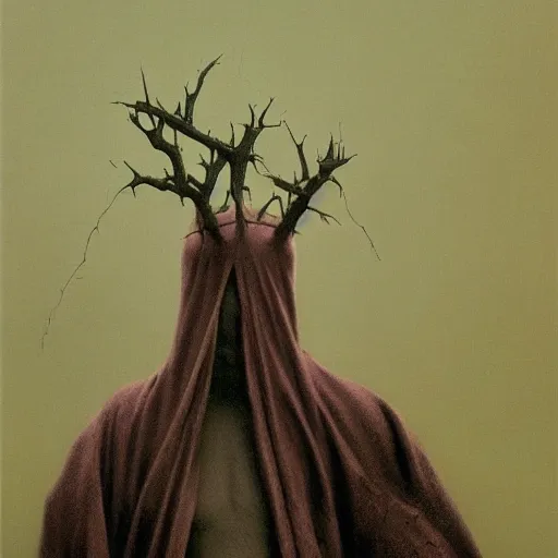 Image similar to portrait of faceless creature in hood and crown of thorns, dark fantasy, Warhammer, artstation painted by Zdislav Beksinski and Wayne Barlowe