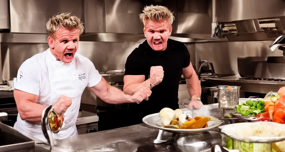 Image similar to photo of angry furious Gordon Ramsay punching Gordon Ramsay at the kitchen