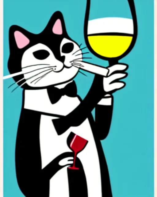 Prompt: tuxedo cat holding a glass of wine and smoking a cigarette,