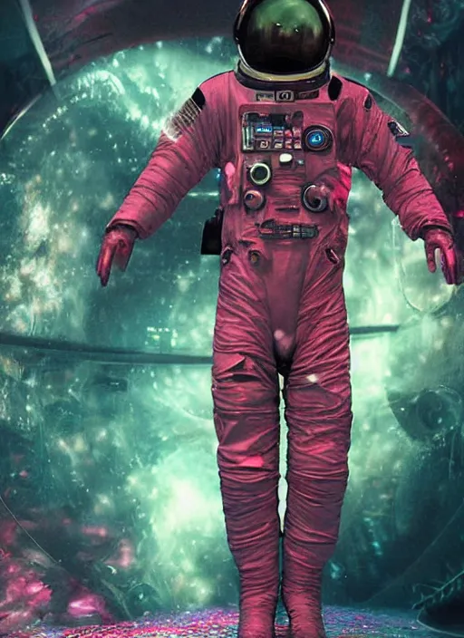 Image similar to complex poster by craig mullins astronaut in futuristic dark and empty spaceship underwater. infrared glowing lights. complex and hyperdetailed technical pink suit. reflection and dispersion materials. rays and dispersion of light. volumetric light. 5 0 mm, f / 3 2. noise film photo. flash photography. unreal engine 4, octane render. interstellar movie art