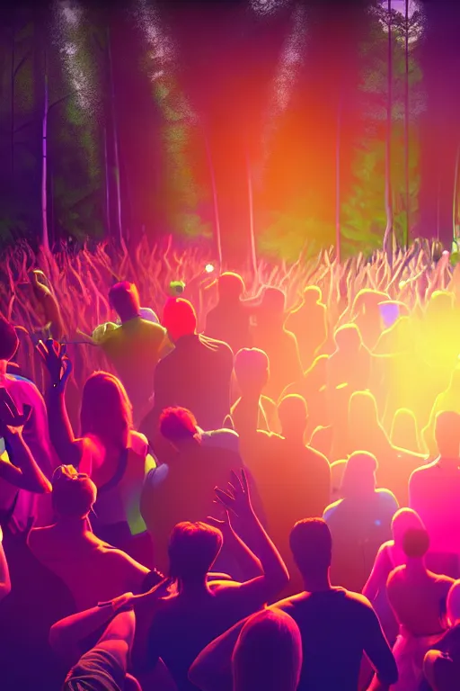 Prompt: scene of a few people dancing at a party in the forest in front of big bass speakers, vibrant colours, beautiful, digital art, winning award masterpiece, cinematic lighting, trending on artstation, 8 k