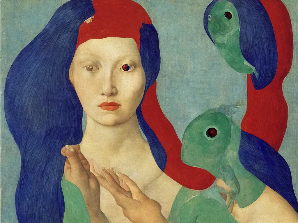 Image similar to portrait of a woman head with close up exotic betta fish. lapis lazuli, malachite, cinnabar, gold. painting by piero della francesca, balthus, agnes pelton