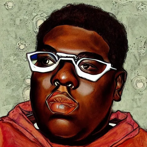 Prompt: a portrait of biggie smalls in style of egon schiele, notorious b. i. g., masterpiece, hyperdetailed, complex, intricate, 4 k, trending on artstation