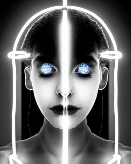 Image similar to black and white dreamy spiritual connected young female cyborg - plant goddess high quality photo, microchip, artificial intelligence, bio - mechanical bio - luminescence, black wired cables, neurons, nerve cells, cinematic, rim light, photo - realistic, elegant, high detail, 8 k, masterpiece, high fashion