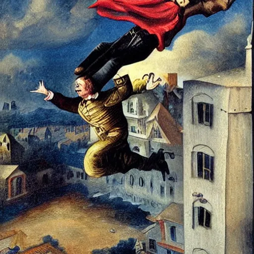 Image similar to falling from a building. guy. artwork. romanticism era.