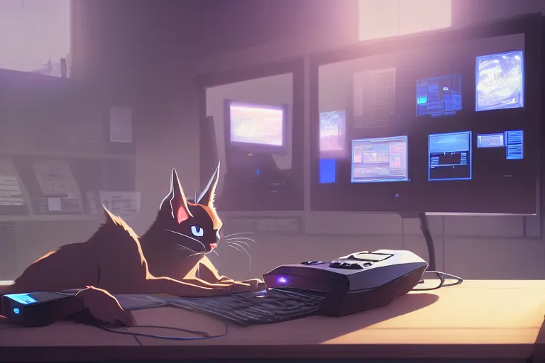 Image similar to a nerdy caracal is programming at a computer in a room full of gadgets, by makoto shinkai and ghibli studio, dramatic lighting, highly detailed, incredible quality, trending on artstation