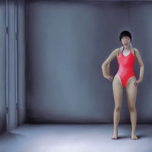 Image similar to perfect, realistic oil painting of japanese woman in racing one-piece swimsuit, in sci-fi dystopian empty room, by an American professional senior artist, Hollywood concept, dynamic composition and motion, postproduction.