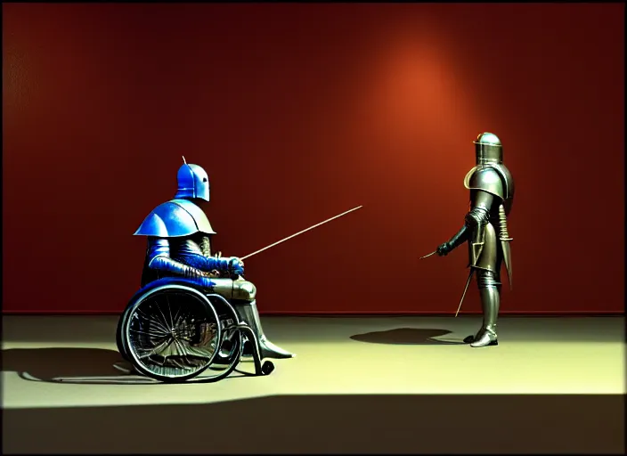 Image similar to knight in armor in a wheelchair do tricks, minsk, highly detailed, soft lighting, elegant, works by edward hopper and james gillard, zdislaw beksinski, stephen outram, andreas m wiese, highly detailed, masterpiece. rendered in blender, smooth shadows, ultra detail, high resolution, unreal 6, 8 k