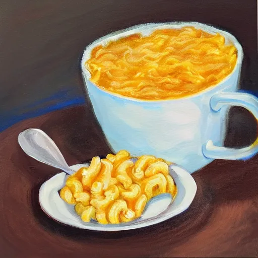 Image similar to a painting of a living box of KD mac and cheese holding a cup of coffee