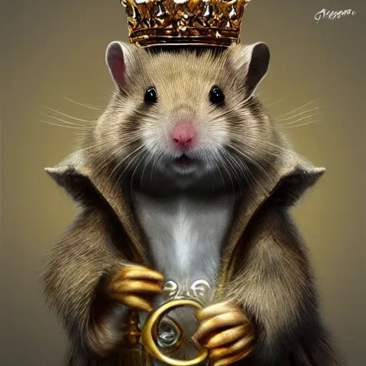 Image similar to A king hamster with a crown and a coat, digital art, highly-detailed, artstation cgsociety masterpiece