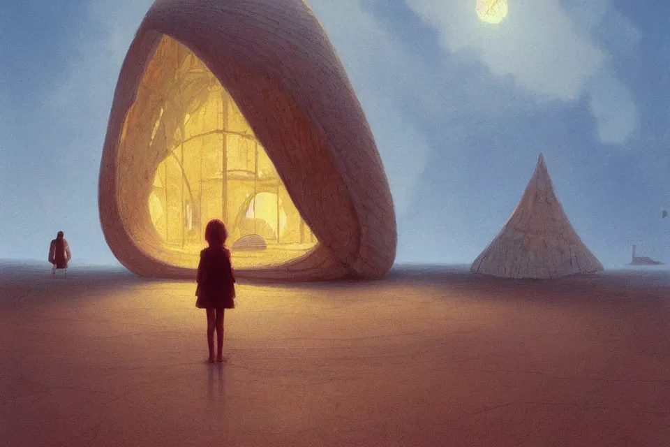 Image similar to atmospheric painting of a giant seashell house, a young girl stands outside, by moebius and john harris, atmospheric, concept art, saturation 8