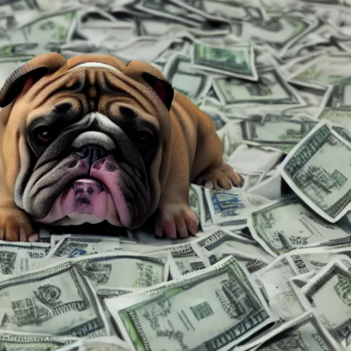 Prompt: english bulldog in pile of money, artstation