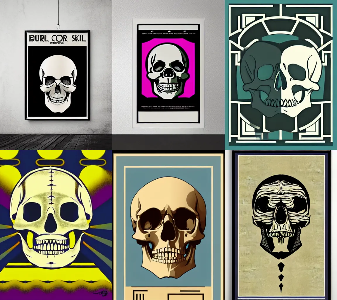 Prompt: a poster of a human skull in an art deco style centered composition