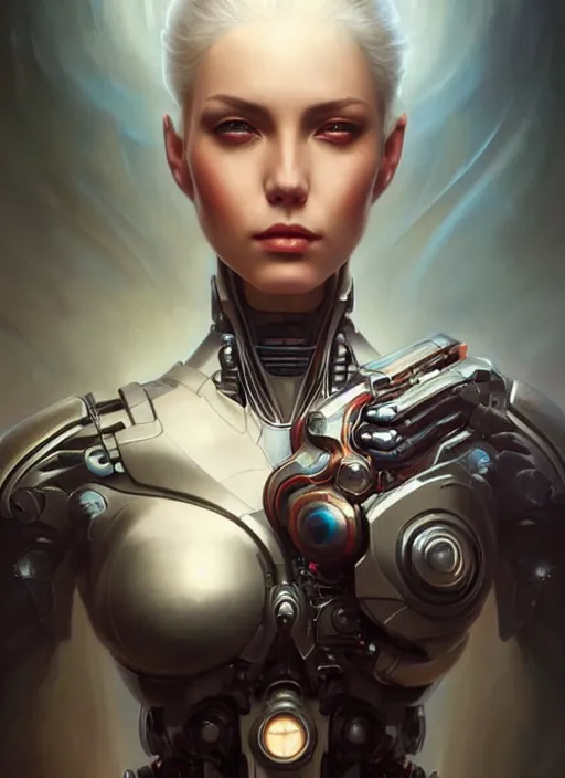 Image similar to a beautiful woman with cybernetic muscles, painted by artgerm and tom bagshaw, fantasy art, dramatic lighting, highly detailed oil painting