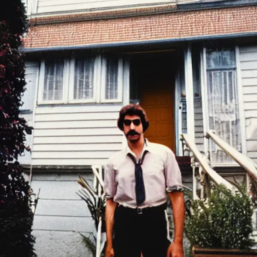 Image similar to a photo from 1 9 8 3 of yosef kavinsky standing in front of his new apartment by wes anderson