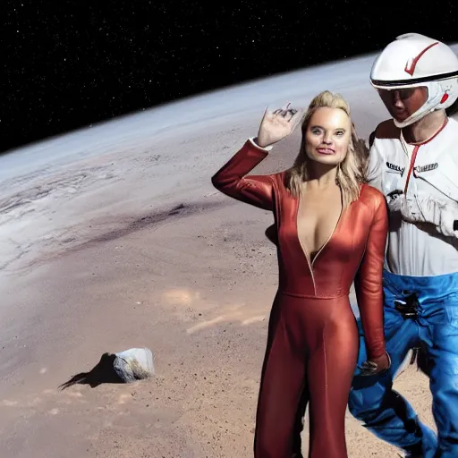 Image similar to elon musk and margot robbie holding hands on mars, highly detailed, hyper realistic