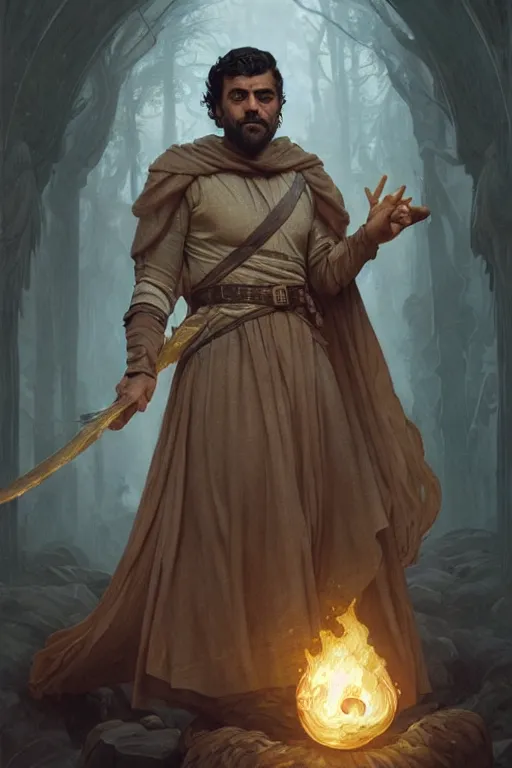 Prompt: Oscar Isaac, druid, cleric, flame spell, D&D, fantasy, intricate, cinematic lighting, highly detailed, beautiful, digital painting, artstation, masterpiece, concept art, smooth, sharp focus, illustration, art by Artgerm and Greg Rutkowski and Alphonse Mucha and william-Adolphe Bouguereau