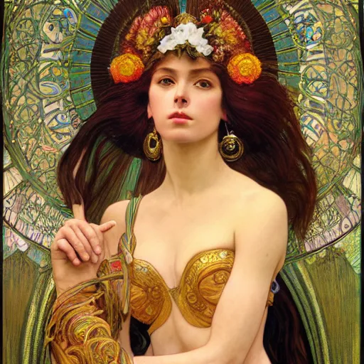 Prompt: an portrait of a beautiful alluring female goddess, detailed, centered, digital painting, artstation, concept art, donato giancola, Dante Gabriel Rossetti, alphonse mucha, Joseph Christian Leyendecker, WLOP, Boris Vallejo, Annie Leibovitz and Steve McCurry, David Lazar, Jimmy Nelsson, Breathtaking, 8k resolution, extremely detailed, beautiful, establishing shot, artistic, hyperrealistic, beautiful face, octane render