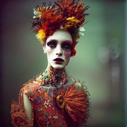 Image similar to kodak portra 4 0 0, wetplate, photo of a surreal artsy dream scene,, weird fashion, in the nature, highly detailed face, very beautiful model, portrait, expressive eyes, extravagant dress, carneval, animal, wtf, photographed by paolo roversi style and julia hetta