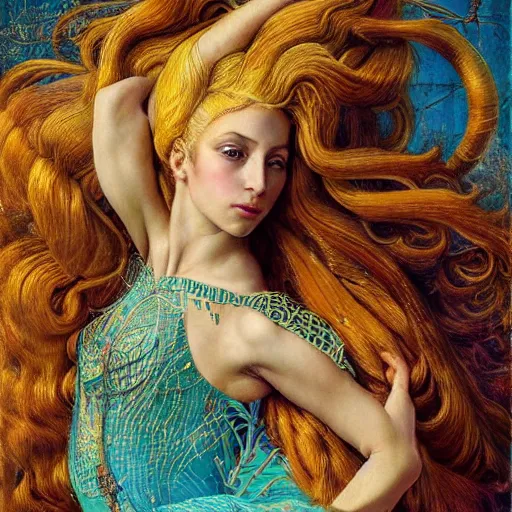 Image similar to intricate detail, hyper detail, gaston bussiere, sandro botticelli style photoshoot, lady gaga, artpop act ii album, with neon aqua rapunzel dreadlocks, detailed, masterpiece, sharp focus,