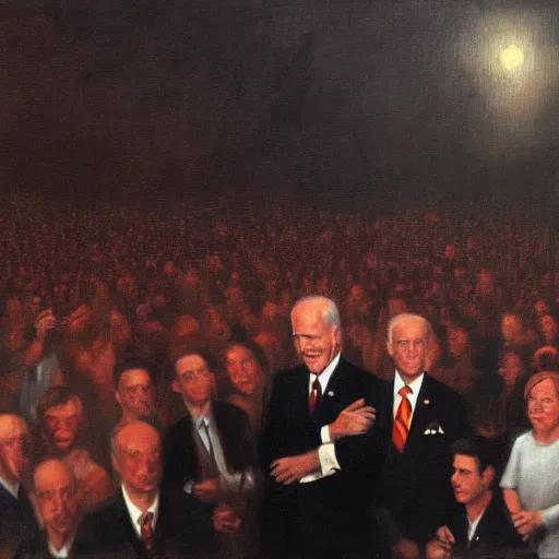 Image similar to Biden staring off into a crowd of people cheering, it’s nighttime, oil painting