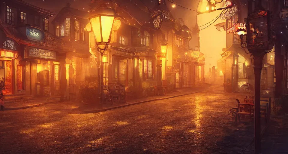 Image similar to a Village Street at night, a few streetlights, illuminated houses with fairy lights, neon signs, steam punk, highly detailed, octane render, trending on artstation